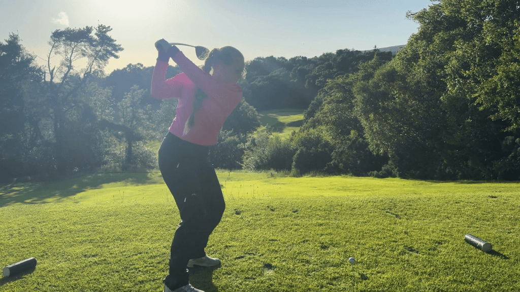 Georgina stands to hit her tee shot on the 14th hole of Dalmuir.