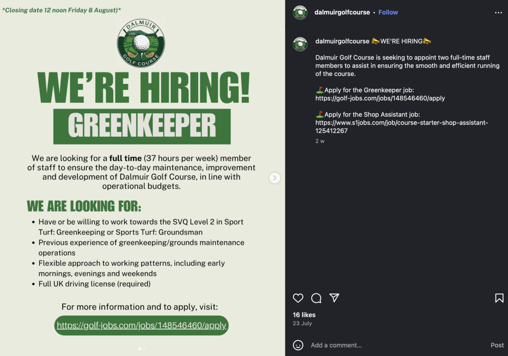 A screenshot from Dalmuir Golf Course's instagram, showing they are hiring for a greenkeeper at their golf club.