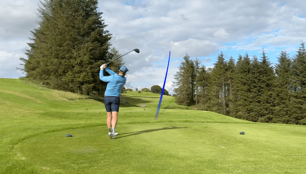 Cam hits his tee shot on the 3rd hole at Eastwood Twelve, with a blue tracer showing the trajectory of his ball.